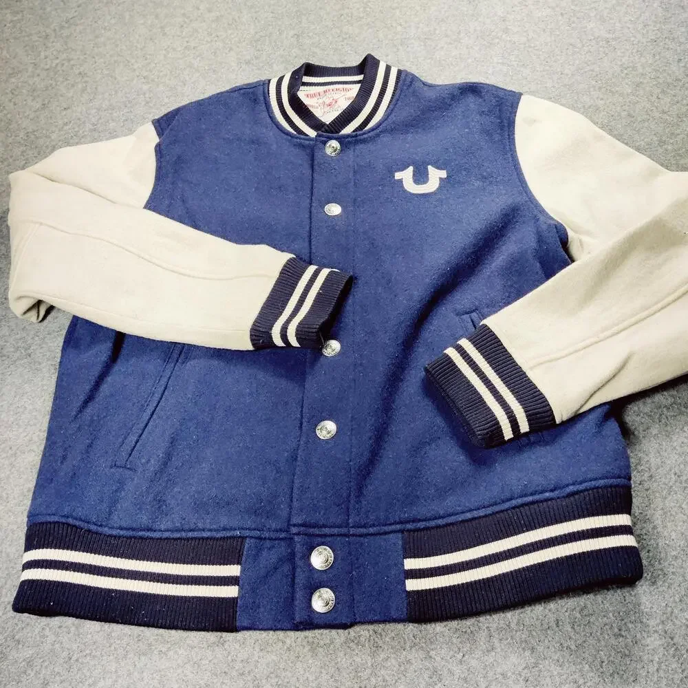 True Religion Jacket Mens XL Blue Cream Varsity Letterman Wool Blend Snap Front